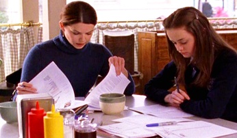 Lorelai and Rory Gilmore making a pro/con list
